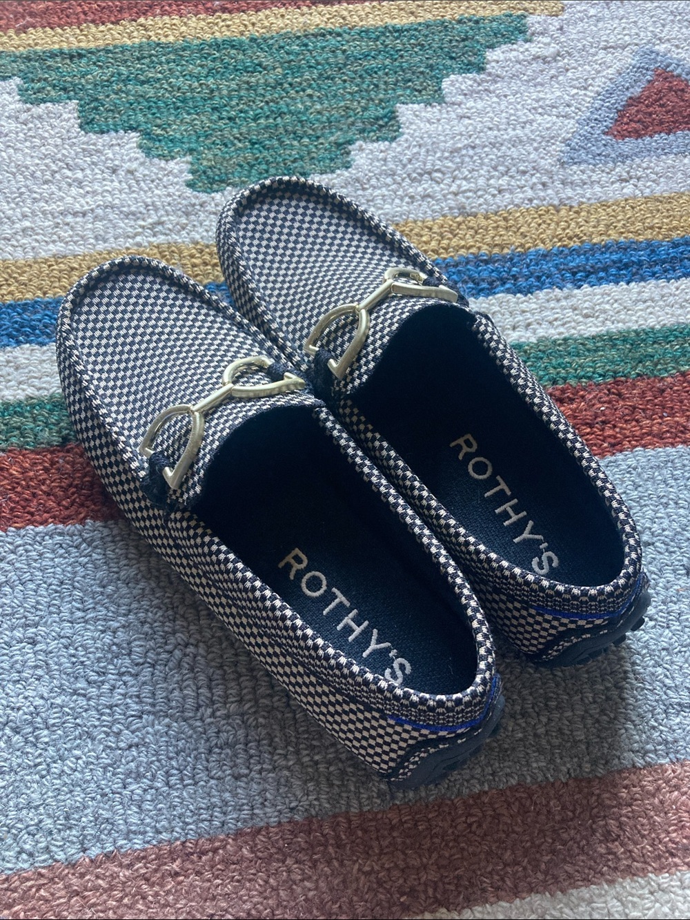 Rothy's Black and White Houndstooth Flats with Gold Bit